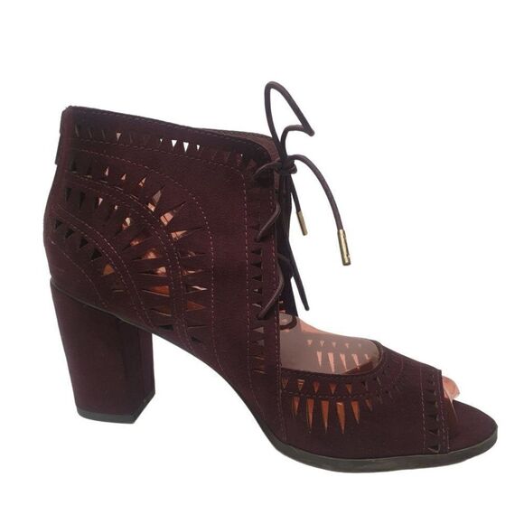 Women's Heeled Sandals Cutout Lace-Up Suede Chic Burgundy Pumps 7.5 - Picture 2 of 11